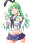  1girl aqua_eyes black_hairband blue_skirt breasts cosplay elbow_gloves eyebrows_visible_through_hair frog_hair_ornament gloves green_hair hair_ornament hairband kantai_collection kochiya_sanae large_breasts long_hair looking_at_viewer navel open_mouth pleated_skirt shimakaze_(kancolle) shimakaze_(kancolle)_(cosplay) simple_background skirt snake_hair_ornament solo thigh-highs thighs tokyo_yamane touhou wavy_mouth white_background white_gloves 