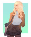  1girl au_ra bangs blonde_hair blue_eyes casual contemporary dragon_horns final_fantasy final_fantasy_xiv highres horns jacket koyorin long_hair looking_to_the_side multicolored_hair open_clothes open_jacket scales simple_background skirt solo swept_bangs two-tone_hair 