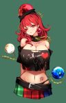  1girl black_shirt breasts earth_(ornament) hecatia_lapislazuli highres large_breasts moon_(ornament) off-shoulder_shirt off_shoulder plaid plaid_skirt polos_crown raptor7 red_eyes redhead shirt skirt solo t-shirt touhou xenoblade_chronicles_(series) xenoblade_chronicles_2 