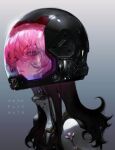  1other androgynous android black_hair brown_hair closed_mouth disembodied_head from_side gradient_hair grey_background hair_between_eyes helmet highres long_hair looking_at_viewer looking_to_the_side motorcycle_helmet multicolored_hair original pigeon666 pink_hair simple_background solo violet_eyes 