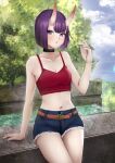  1girl bangs belt blue_shorts blue_sky blush bob_cut breasts camisole choker contemporary crop_top cutoffs denim denim_shorts eyeliner fate/grand_order fate_(series) horns looking_at_viewer makeup midriff navel oni oni_horns open_mouth purple_hair red_camisole selarz short_hair short_shorts shorts shuten_douji_(fate) skin-covered_horns sky small_breasts solo tree violet_eyes water 