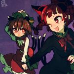  2girls ;d animal_ears bow bowtie braid breasts bright_pupils brown_hair cat_ears cat_tail chen dress fang gold_trim green_dress hat holding_hands jewelry kaenbyou_rin long_hair looking_at_another maaru_(akira428) medium_breasts mob_cap multiple_girls multiple_tails nail_polish nekomata one_eye_closed open_mouth purple_background red_dress red_eyes red_nails red_neckwear short_hair single_earring skin_fang smile tail touhou twin_braids twintails two_tails white_neckwear 