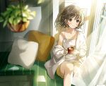  1girl bangs blurry blurry_foreground brown_eyes brown_hair camisole collarbone commentary_request cup curtains day highres holding holding_cup indoors jacket looking_at_viewer off_shoulder original rokcha short_hair shorts sitting solo twitter_username white_jacket window yellow_shorts 