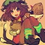  1girl :d animal_ear_fluff animal_ears bow bowtie brown_background brown_hair brown_legwear cat_ears cat_tail chen dress fish food food_on_face gold_trim hat jewelry knees_together_feet_apart knees_up looking_at_viewer maaru_(akira428) mob_cap multiple_tails nekomata open_mouth pantyhose red_dress red_eyes short_hair simple_background single_earring smile solo tail touhou two_tails yellow_neckwear 