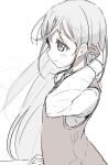  1girl absurdres arm_behind_head bangs collared_shirt commentary eyebrows_visible_through_hair from_side grey_eyes grey_hair hair_between_eyes hand_up highres long_hair long_sleeves looking_away okota_mikan original school_uniform shirt sketch sleeves_past_wrists solo sweater_vest upper_body very_long_hair white_background white_shirt 