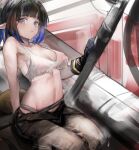 1girl arknights bare_arms bare_shoulders black_gloves black_hair black_pants blue_eyes breasts crop_top crop_top_overhang eunectes_(arknights) eunectes_(forgemaster)_(arknights) expressionless gloves gnai gradient_hair highres looking_at_viewer medium_breasts midriff multicolored_hair navel no_bra pants pointy_ears revision shirt short_hair sitting sleeveless sleeveless_shirt solo stomach tail torn_clothes torn_shirt white_shirt 