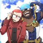  2boys abs adjusting_eyewear anchor_necklace archie_(pokemon) batabiru blue_bandana clouds commentary_request covered_abs dark-skinned_male dark_skin glasses hand_up highres holding long_sleeves looking_at_viewer male_focus maxie_(pokemon) multiple_boys muscular muscular_male open_mouth pokemon pokemon_(game) pokemon_oras redhead ribbed_sweater sharp_teeth sky smile sweatdrop sweater team_aqua team_magma teeth tongue upper_body 