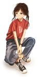  1girl absurdres brown_eyes brown_hair converse cranes_(hiroro1) denim highres jeans original pants red_shirt shirt shoes smile sneakers solo t-shirt white_background 
