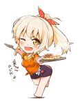  1girl bangs blonde_hair bow chibi food gyaru hair_bow love_live! love_live!_nijigasaki_high_school_idol_club medium_hair miyashita_ai orange_eyes orange_shirt red_bow sansensui shirt short_ponytail sidelocks simple_background solo spatula standing takoyaki thank_you_for_coming!_(love_live!) white_background yellow_eyes 