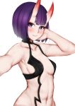  1girl bangs bare_shoulders bob_cut breasts collarbone eyeliner fate/grand_order fate_(series) highres horns looking_at_viewer makeup navel oni oni_horns outstretched_arm purple_hair revealing_clothes selarz selfie short_hair shuten_douji_(fate) skin-covered_horns small_breasts smile solo violet_eyes 
