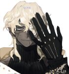  black_gloves blonde_hair blue_eyes closed_mouth dark-skinned_male dark_skin earrings eyepatch fangs fangs_out gloves hand_over_eye hand_up jewelry looking_at_viewer one_eye_covered original pigeon666 portrait simple_background smile white_background 