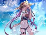 1girl beach bikini breasts fate/hollow_ataraxia fate_(series) long_hair modotteku purple_hair see-through small_breasts smile stheno_(fate) swimsuit twintails two-piece_swimsuit violet_eyes