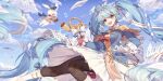  1girl animal blue_bow blue_eyes blue_hair blue_headwear blue_sky blush bow brown_capelet capelet closed_eyes clouds cloudy_sky dress eyebrows_visible_through_hair eyes_visible_through_hair floating hair_ornament hat hatsune_miku holding holding_instrument instrument kan_(rainconan) light_blue_hair long_hair music musical_note open_mouth outdoors pantyhose paper playing_instrument rabbit red_bow red_neckwear sheet_music sky smile teeth tongue twintails upper_teeth very_long_hair vocaloid white_dress white_footwear yuki_miku yuki_miku_(2020) 