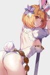  1girl aki663 animal_ears ass back blonde_hair blush breasts brown_eyes bunny_tail djeeta_(granblue_fantasy) fake_animal_ears flower granblue_fantasy hair_flower hair_ornament hairband highres leotard looking_at_viewer looking_back medium_breasts rabbit_ears sage_(granblue_fantasy) short_hair simple_background solo tail white_leotard wrist_cuffs 