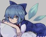  33_gaff blue_dress blue_eyes blue_hair blue_ribbon blue_wings cirno dress dress_shirt fairy grey_background hair_ribbon ice ice_wings pillow red_ribbon ribbon shirt short_hair simple_background touhou wings 