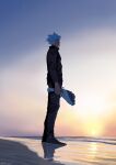  1boy black_footwear evening flower gojou_satoru highres holding holding_flower jujutsu_kaisen long_sleeves looking_ahead natsu_(rodysanp) ocean pants shoes sky solo standing star_(sky) sunset 
