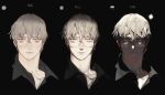  1boy black_background black_shirt closed_mouth collared_shirt dark english_text glasses grey_hair highres looking_at_viewer male_focus multiple_views original pigeon666 portrait shirt simple_background wing_collar yellow_eyes 