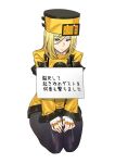  1girl ashiomi_masato bangs black_legwear blonde_hair breasts fingerless_gloves fur_hat gloves guilty_gear guilty_gear_xrd hat highres jacket large_breasts long_hair long_sleeves millia_rage seiza sign sitting solo thighs translation_request ushanka white_gloves yellow_jacket 