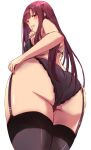  1girl absurdres ass bangs bare_shoulders black_bra black_legwear black_panties blush bra ekaki_kukuma finger_to_mouth from_below garter_straps highres index_finger_raised long_hair open_mouth original panties redhead thigh-highs thighs underwear 