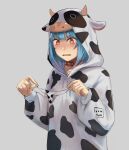  1girl animal_print aqua_hairband artist_name bangs blush collar copyright_request cow_hood cow_print grey_background hairband hands_up hood hood_up hun_yan long_sleeves medium_hair open_mouth red_eyes simple_background solo upper_body 