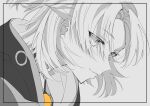  1boy absurdres albedo_(genshin_impact) bangs coat commentary_request genshin_impact greyscale hair_between_eyes highres hood hood_down hooded_coat male_focus monochrome parted_lips portrait sero_jpn simple_background solo spot_color vision_(genshin_impact) 