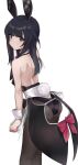  1girl agatsuma_kaede alice_gear_aegis animal_ears bangs bare_back bare_shoulders black_hair blue_eyes blunt_bangs blush bow bunny_tail closed_mouth clothing_request commentary_request cowboy_shot epi_zero eyebrows_visible_through_hair from_behind highres long_hair looking_at_viewer looking_back looking_to_the_side pantyhose pink_bow rabbit_ears simple_background solo standing tail white_background wrist_cuffs 