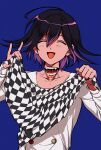  :d absurdres bangs black_hair black_scarf blue_background buttons checkered checkered_background checkered_scarf closed_eyes collarbone commentary_request dangan_ronpa_(series) dangan_ronpa_v3:_killing_harmony double-breasted extra_mouth facing_viewer fangs hair_between_eyes happy highres holding holding_clothes holding_scarf jacket long_sleeves male_focus multicolored_hair open_mouth ouma_kokichi purple_hair sanmian_(chidarakeno) scarf shiny shiny_hair short_hair simple_background smile straitjacket teeth upper_body 