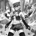  1girl black_choker black_gloves black_headwear black_legwear black_shorts black_vest breasts choker cowboy_shot fingerless_gloves gloves grey_hair greyscale hands_up hat highres hun_yan looking_at_viewer monochrome navel original parted_lips red_eyes short_hair shorts smile solo spot_color thigh-highs under_boob vest 