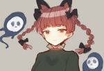  1girl animal_ears braid breasts cat_ears chieezuik dress extra_ears floating_hair green_dress grey_background hitodama kaenbyou_rin light_blush light_smile long_hair medium_breasts red_eyes redhead simple_background sketch skull solo touhou twin_braids twintails upper_body 