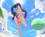  &gt;_&lt; 1girl 1other :o absurdres ass bare_legs barefoot beach bikini black_hair breasts character_request genshin_impact green_eyes hair_ornament highres lens_flare long_eyelashes long_hair looking_at_viewer looking_back medium_breasts mona_megistus outdoors palm_tree side-tie_bikini sidraxiii soles solo_focus sunlight swimsuit tree twintails 