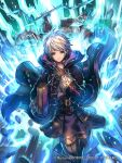  2boys armor belt book company_name debris electricity fire_emblem fire_emblem_awakening fire_emblem_cipher holding holding_book hood kinoshita_kotetsu looking_at_viewer multiple_boys red_eyes robe robin_(fire_emblem) robin_(fire_emblem)_(male) white_hair 