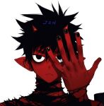 1boy black_eyes black_hair black_nails closed_mouth colored_skin fingernails hand_up horns looking_at_viewer original pigeon666 portrait red_skin sanpaku simple_background solo white_background 