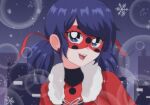  1990s_(style) 1girl :d bangs blue_eyes blue_hair blurry bodysuit bokeh brenni_murasaki capelet cityscape dark_blue_hair depth_of_field earrings formal fur-trimmed_capelet fur_trim hair_ribbon jewelry jumpsuit ladybug_(character) marinette_dupain-cheng mask miraculous_ladybug open_mouth portrait red_ribbon retro_artstyle ribbon short_twintails smile snowflakes solo stud_earrings suit super_suit superhero twintails winter winter_clothes winter_uniform 