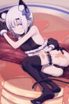  1girl absurdres animal_ears bell black_bow black_legwear bow cat_ears cat_paws cat_tail daisi_gi fate/grand_order fate_(series) food frilled_straps hair_between_eyes highres horns lavinia_whateley_(fate) long_hair looking_at_viewer lying on_side oversized_food pale_skin pancake paws sidelocks skinny solo tail thigh-highs thigh_strap violet_eyes white_hair 