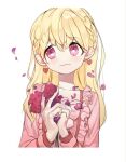  1girl :3 blonde_hair braid bright_pupils closed_mouth dress earrings flower french_braid hands_up heart heart_earrings jewelry long_sleeves original pigeon666 pink_dress pink_eyes red_flower red_rose rose simple_background smile solo upper_body white_background white_pupils 