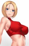  1girl bangs blonde_hair blue_eyes blue_mary breasts fatal_fury gradient gradient_background grey_background highres large_breasts parted_bangs parted_lips short_hair smile solo takanashi-a the_king_of_fighters upper_body white_background 