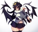  1girl absurdres belly black_hair black_legwear black_skirt breasts filia_(skullgirls) grey_background highres huge_breasts looking_at_viewer naze plump prehensile_hair red_eyes samson_(skullgirls) simple_background skirt skullgirls thick_thighs thigh-highs thighs 