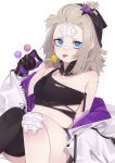  1girl aa-12_(girls_frontline) bandage_on_face bandage_on_knee bandages bandaid bandaid_on_nose bare_shoulders black_shorts black_tank_top blue_eyes breasts candy commentary_request e_draw_paint food forehead girls_frontline gloves gradient_eyes hair_ornament jacket licking lollipop looking_at_viewer medium_hair multicolored multicolored_eyes off_shoulder platinum_blonde_hair saliva saliva_trail shorts single_thighhigh sitting small_breasts solo star_(symbol) star_hair_ornament tank_top thigh-highs tongue tongue_out torn_clothes torn_tank_top violet_eyes 