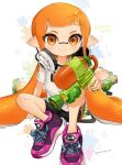  1girl bangs bike_shorts blunt_bangs blush closed_mouth commentary_request copyright_name eyelashes headphones highres holding inkling looking_at_viewer pointy_ears purple_footwear shirt shoes short_sleeves sitting smile sneakers solo splatoon_(series) spread_legs t-shirt twitter_username ume_(plumblossom) white_shirt 