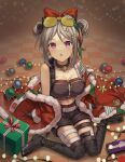  1girl bare_shoulders boots bow box breasts checkered checkered_floor christmas christmas_lights christmas_ornaments commentary double_bun eyewear_on_head full_body fur_trim gift gift_box girls_frontline hair_bow hair_ornament highres kiou large_breasts looking_at_viewer off_shoulder official_alternate_costume open_mouth p90_(girls_frontline) shorts sitting solo star_(symbol) star_hair_ornament sunglasses thigh-highs thigh_boots violet_eyes wariza 