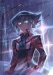  1boy bangs black_shirt blue_eyes brown_hair buttons closed_mouth commentary_request fushitasu glowing glowing_eyes heterochromia jacket lamppost light male_focus night open_clothes open_jacket outdoors rain red_jacket shirt sideways_glance solo yellow_eyes yu-gi-oh! yuuki_juudai 