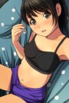  1girl absurdres bangs bare_arms bare_shoulders black_bra black_hair blush bra brown_eyes collarbone dutch_angle eyebrows_visible_through_hair hand_up head_tilt highres looking_at_viewer matsunaga_kouyou navel nose_blush open_mouth original purple_shorts short_shorts shorts solo sports_bra underwear upper_teeth 