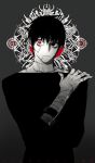  1boy bandaged_arm bandages black_eyes black_hair black_shirt closed_mouth grey_background heterochromia looking_at_viewer male_focus original pigeon666 red_eyes red_theme scar shirt short_hair solo spot_color upper_body wide-eyed 
