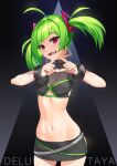 1girl absurdres bangs black_skirt bracelet breasts character_name clothing_cutout delruki delutaya earrings eyebrows_visible_through_hair fangs green_hair hands_together highres jewelry midriff mk_(lazymk) navel open_mouth pink_eyes skirt small_breasts smile solo triangle_earrings twintails underboob_cutout virtual_youtuber 