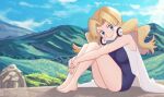  1girl bangs bare_arms barefoot black_dress blonde_hair blue_eyes breasts closed_mouth clouds commentary commission day dress from_side gazing_eye highres leg_hug long_hair looking_at_viewer molly_hale outdoors parted_bangs pokemon pokemon_(anime) pokemon_(classic_anime) pokemon_m03 sitting sky smile solo toes 