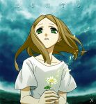  1girl alternate_hairstyle brown_hair character_request clouds copyright_name flower green_eyes long_hair looking_up open_mouth outdoors shirt short_sleeves solo sora_wo_miageru_shoujo_no_hitomi_ni_utsuru_sekai upper_body white_shirt yk99 