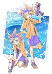  2boys ;d commentary_request fushitasu holding hood hood_down hoodie looking_at_viewer lower_teeth male_focus multiple_boys mutou_yuugi one_eye_closed open_clothes open_hoodie open_mouth orange_hair orange_hoodie orange_shirt purple_hair purple_shorts shirt shoes short_sleeves shorts smile sneakers spiky_hair squatting standing tongue water_drop water_gun yami_yuugi yu-gi-oh! 