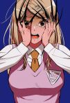  1girl absurdres akamatsu_kaede bangs blonde_hair blue_background blush breasts brown_neckwear claws collared_shirt commentary_request crying dangan_ronpa_(series) dangan_ronpa_v3:_killing_harmony drooling hair_ornament hands_on_own_face hands_up highres large_breasts long_hair long_sleeves looking_at_viewer musical_note_hair_ornament necktie pink_vest saliva sanmian_(chidarakeno) school_uniform shiny shiny_hair shirt simple_background solo sweat sweater_vest tears teeth upper_body very_long_fingernails vest white_shirt 
