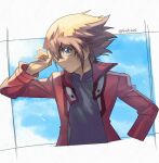  1boy bangs brown_eyes brown_hair closed_mouth commentary_request fushitasu grey_shirt hand_up jacket long_sleeves male_focus medium_hair open_clothes open_jacket popped_collar red_jacket shirt solo upper_body yu-gi-oh! yuuki_juudai 