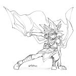  1boy arm_support atem bracelet cape commentary_request full_body fushitasu greyscale jewelry looking_to_the_side male_focus millennium_puzzle monochrome necklace outstretched_arm shoes solo spiky_hair squatting white_background yu-gi-oh! 